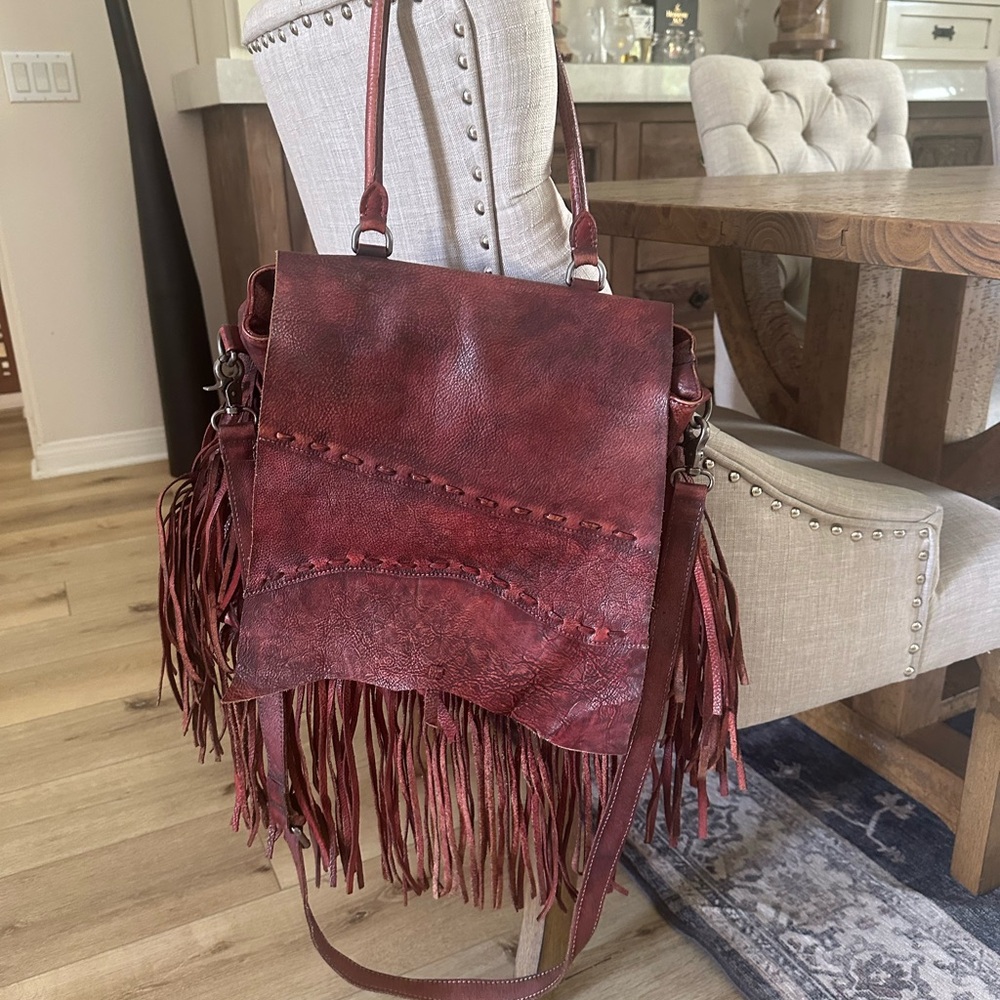 Boho Fringed Leather Shoulder Bag - maroon